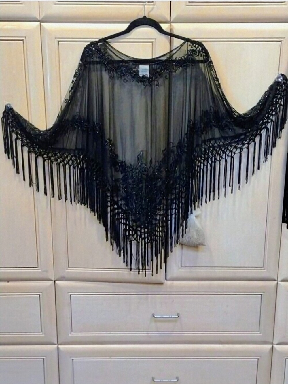Vintage Black Gothic Sheer Embroidered Beaded Fringe Witchy Stevie Nicks Poncho